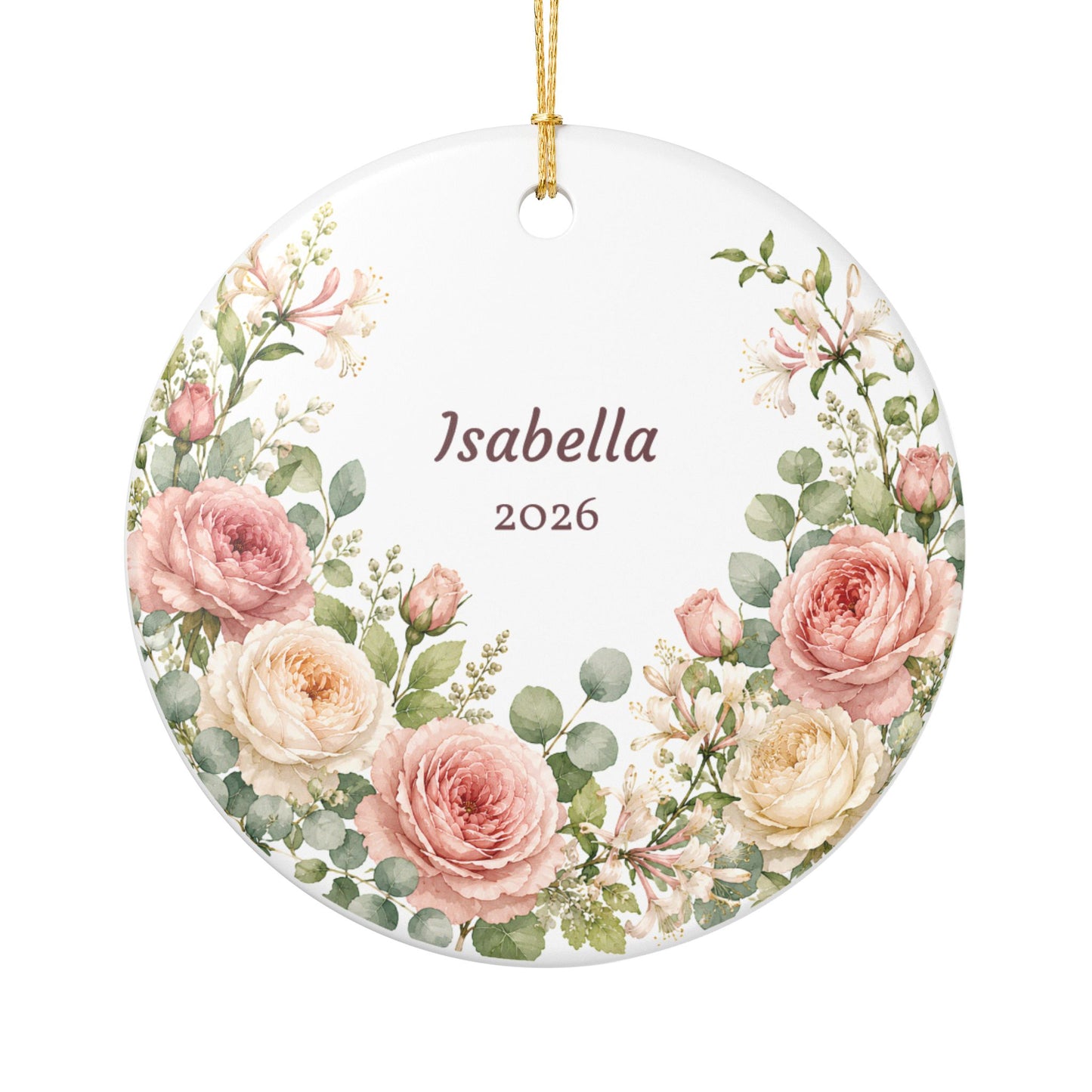 Personalized Floral Ceramic Ornament — Custom Name & Year (Isabella 2026)