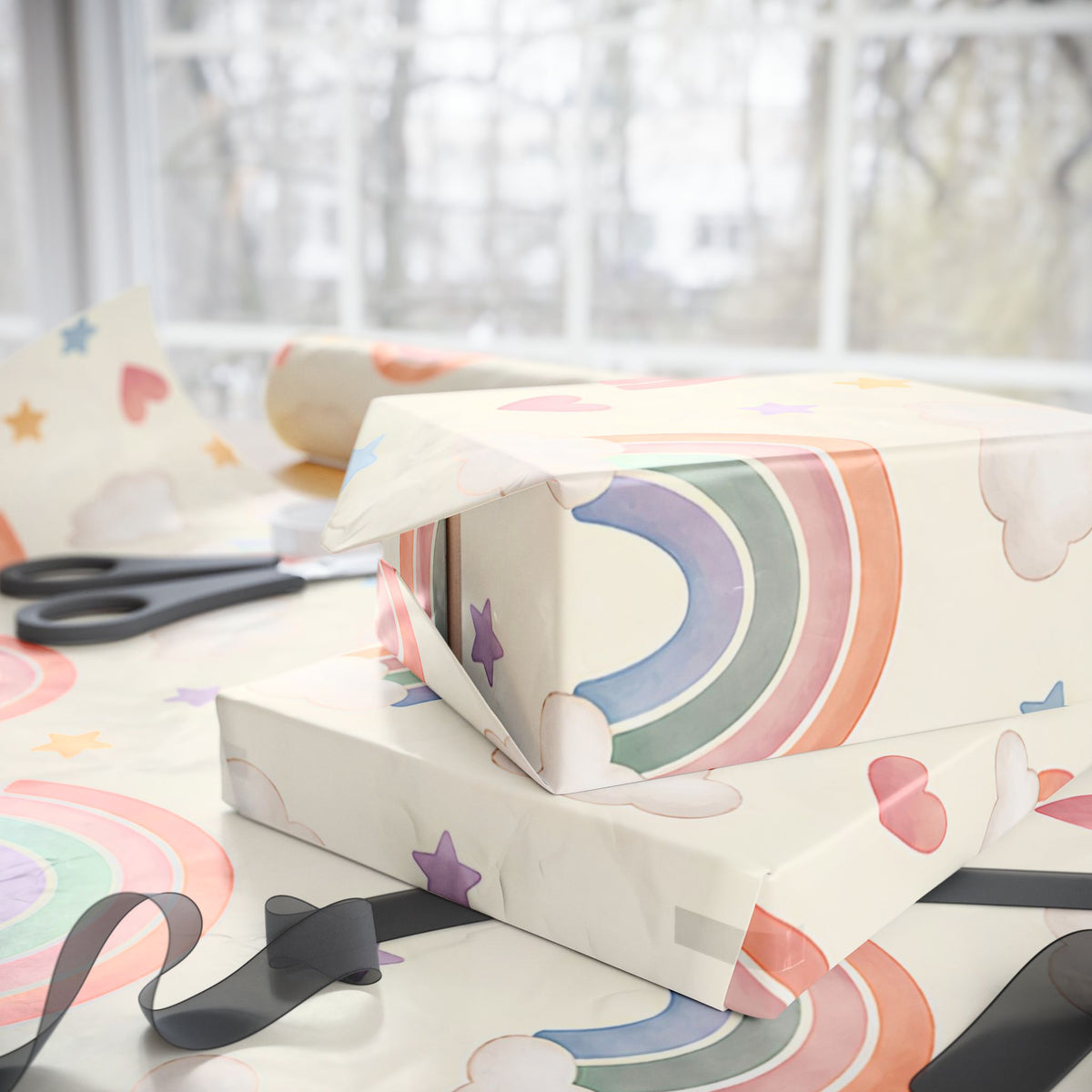 Wrapping Paper Roll — Pastel Rainbow & Cloud Gift Wrap (Neutral Baby Shower, Birthday, Nursery)