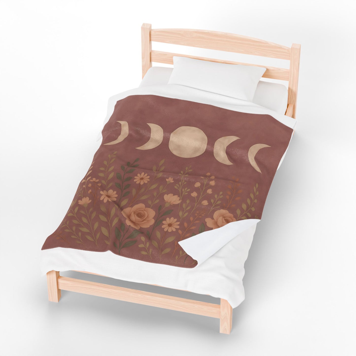 Moon Phases & Wildflowers Velveteen Plush Blanket – Boho Floral Throw for Cozy Nights