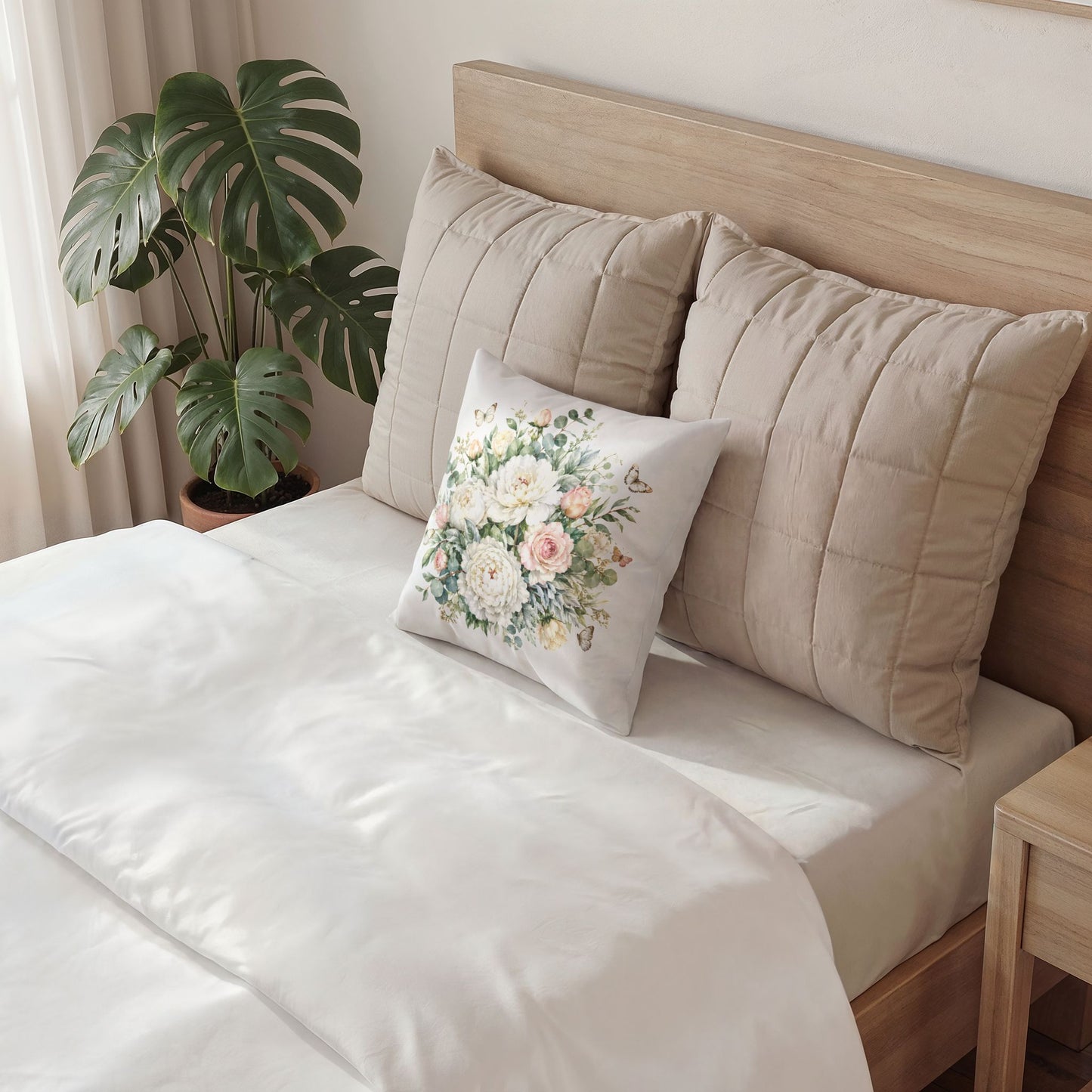 Floral Velvet Pillow — Soft White Peony Bouquet Throw Pillow