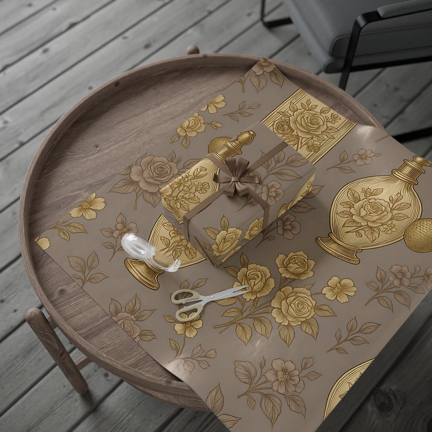 Vintage Perfume Bottle Wrapping Paper – Elegant Gold Floral Gift Wrap in Glossy or Matte