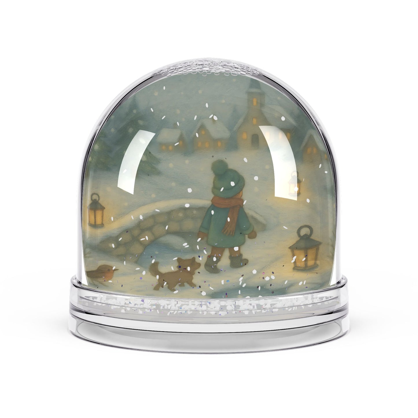 Winter Village Walk Snow Globe – Child with Pets on Lantern-Lit Bridge Scene
