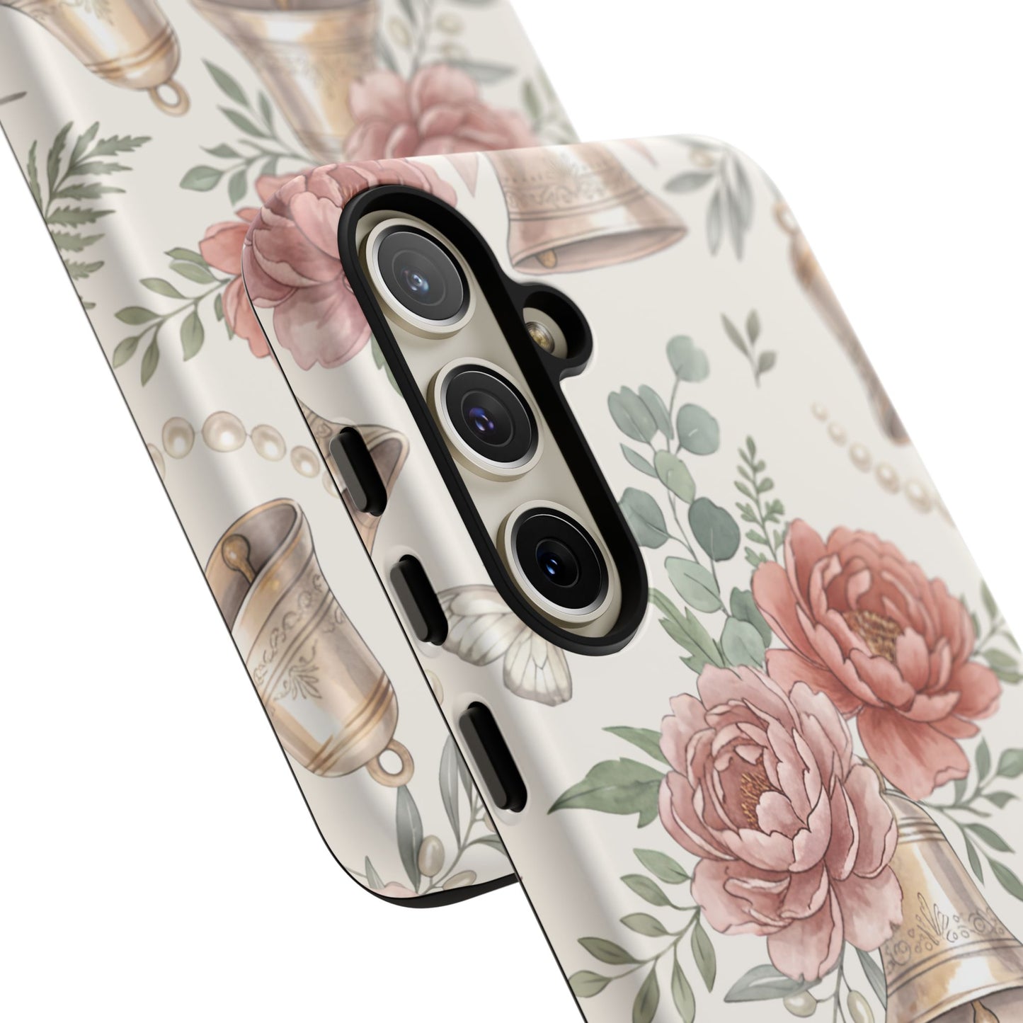 Floral Wedding Bells Phone Case — Vintage Roses, Butterflies & Bow Protective Tough Case