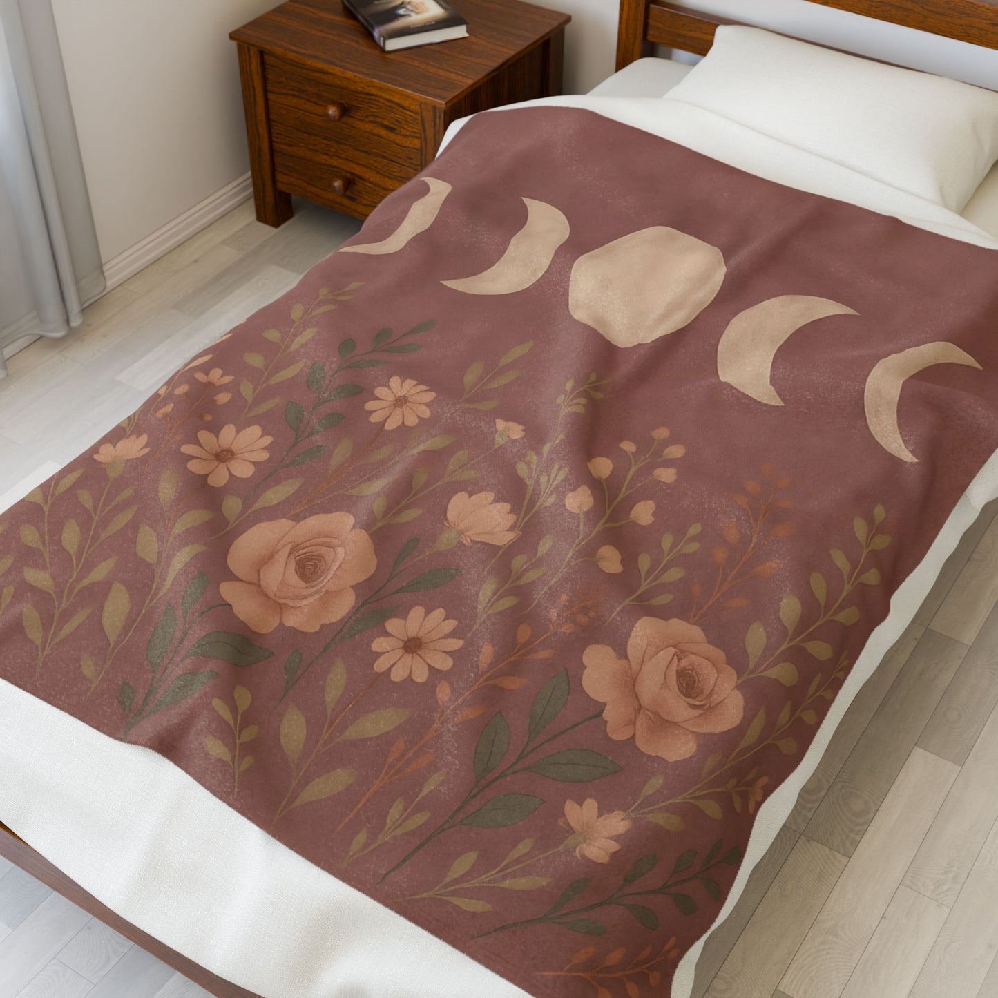 Moon Phases & Wildflowers Velveteen Plush Blanket – Boho Floral Throw for Cozy Nights