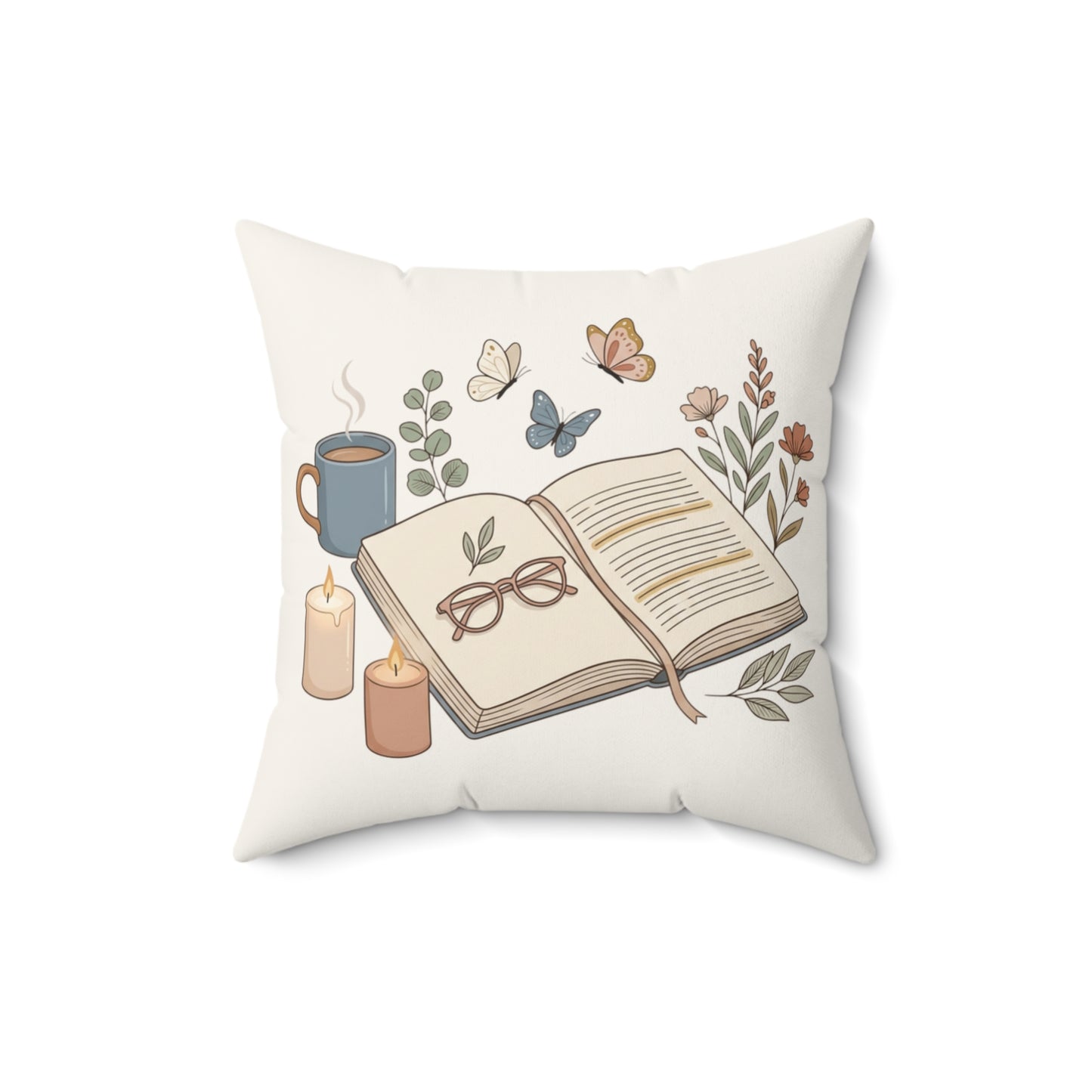 Cozy Reading Pillow — Open Book & Tea Decorative Throw Pillow