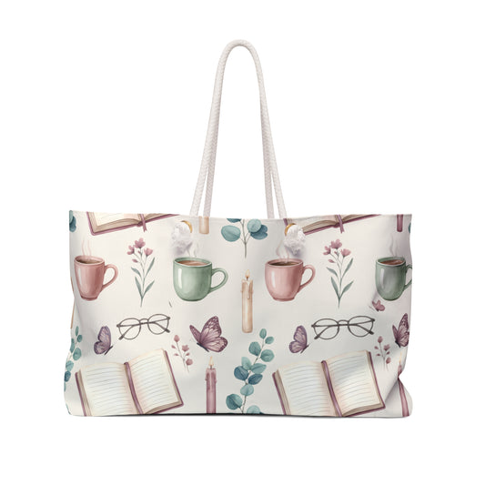 Cozy Reader Weekender Bag — Floral Books & Coffee Travel Tote