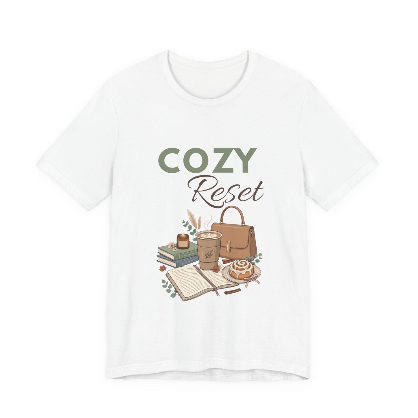 A white t-shirt with 'COZY Reset' on the front.