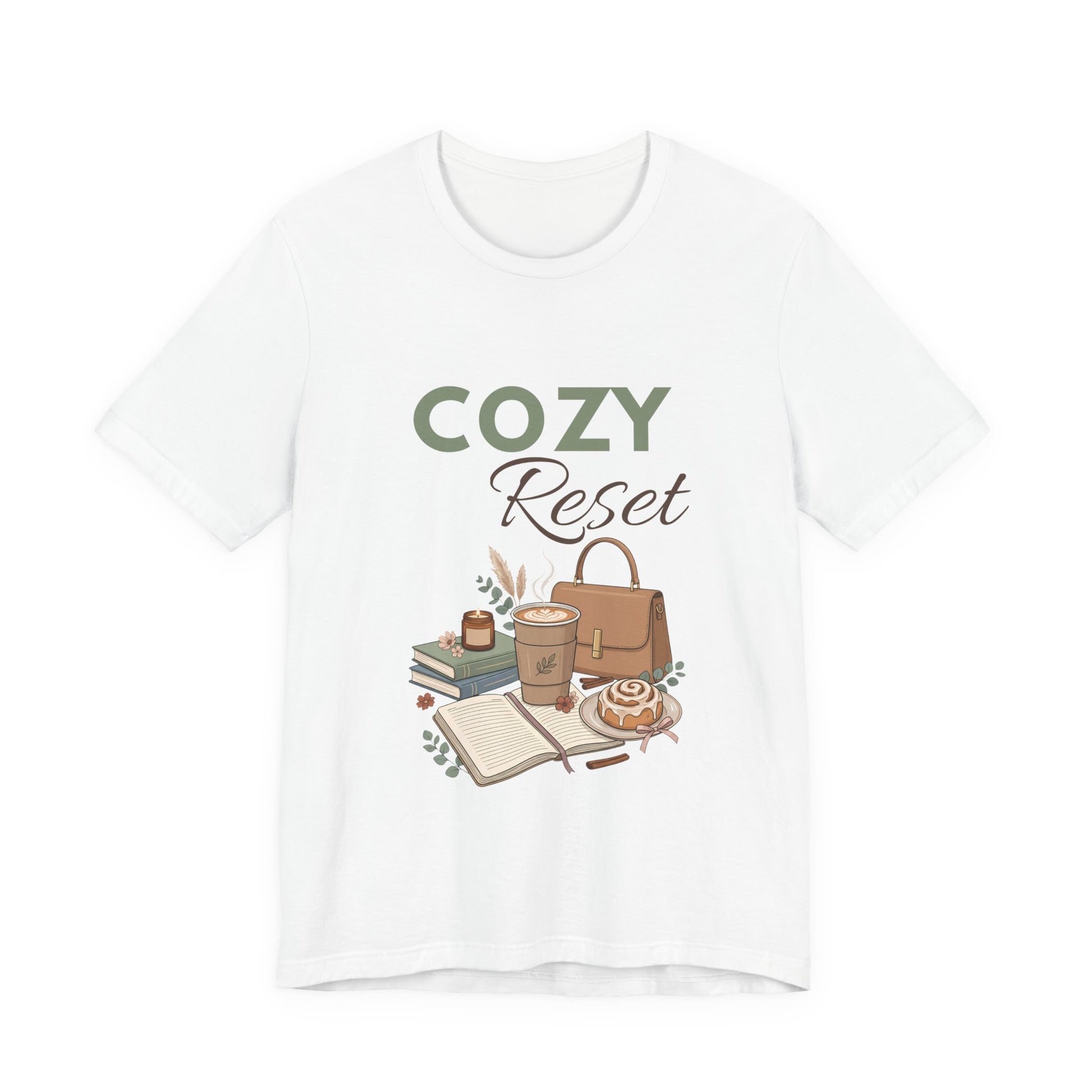 A white t-shirt with 'COZY Reset' on the front.