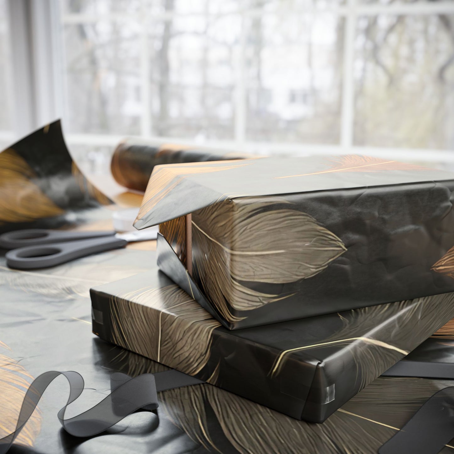 Luxury Feather Print Wrapping Paper – Metallic Gold, Bronze & Silver Design