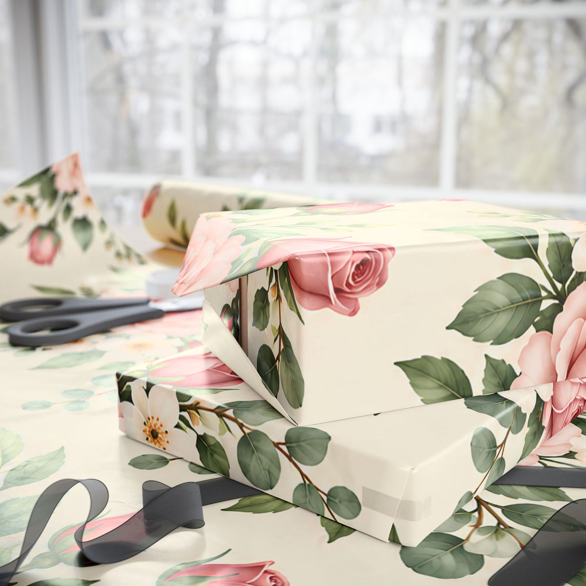 Floral Rose Wrapping Paper Roll — Vintage Pink Garden Gift Wrap