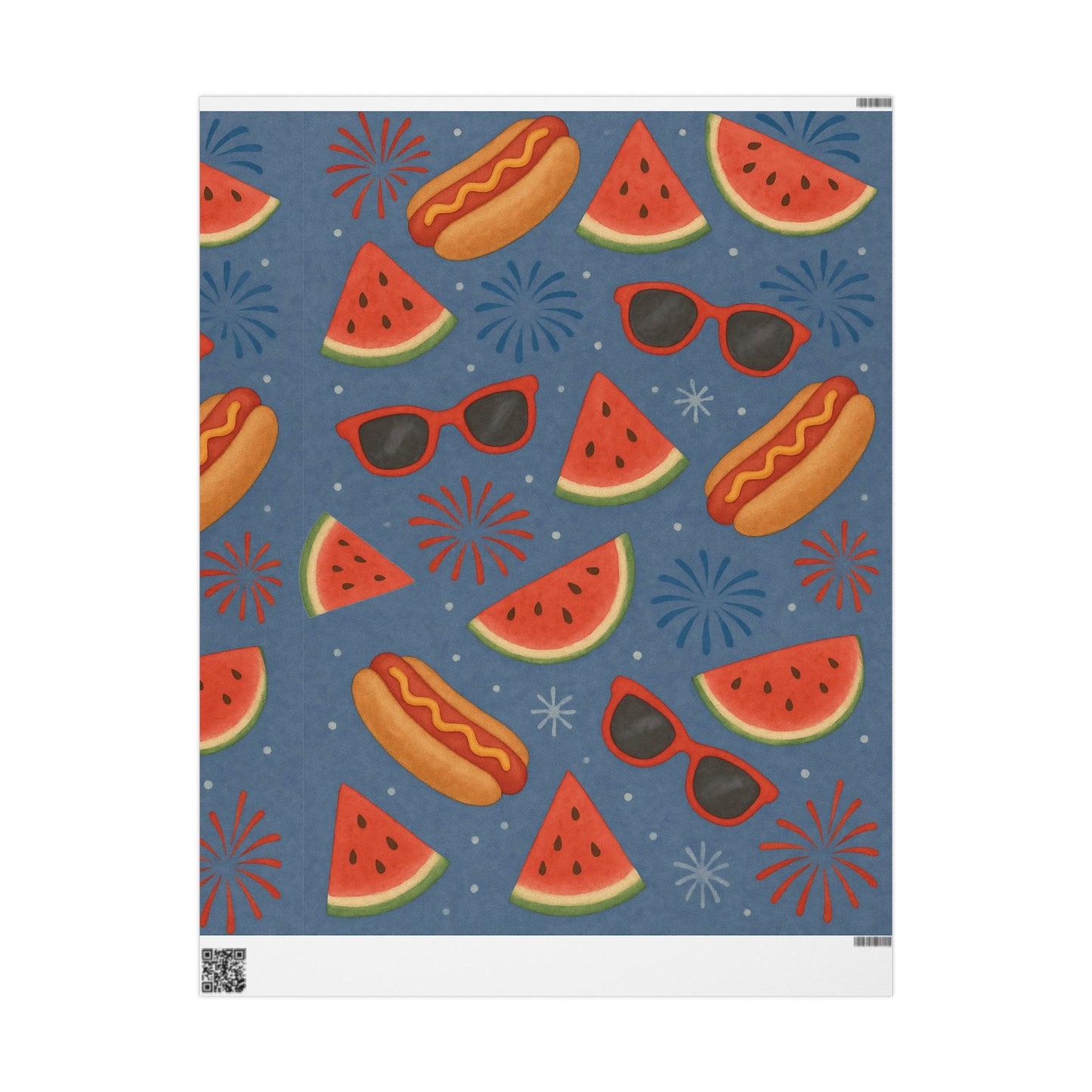 Summer BBQ Wrapping Paper – Watermelon, Hot Dogs & Fireworks on Blue