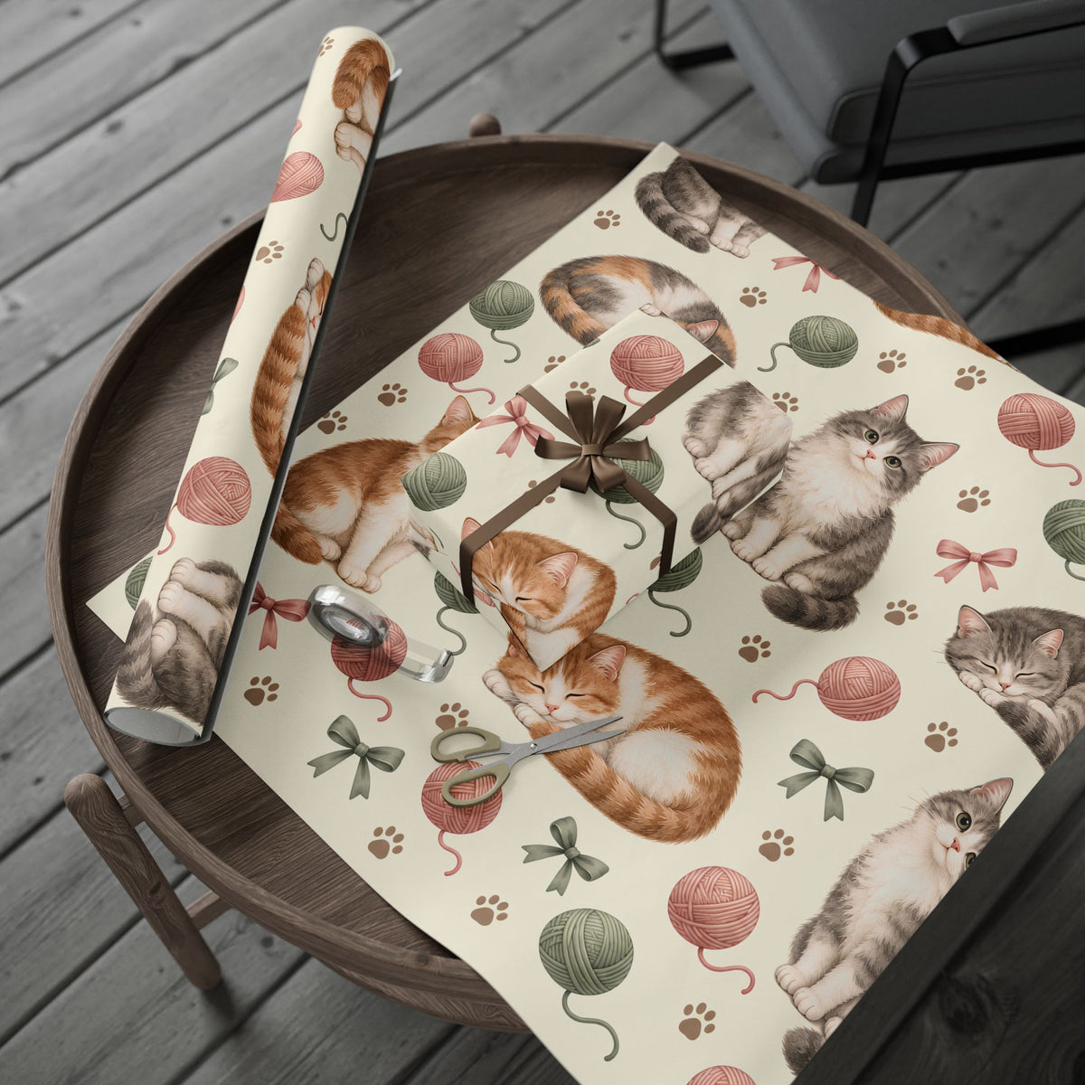 Cat & Yarn Pattern Wrapping Paper Roll — Cute Kitty Gift Wrap for Pet Lovers