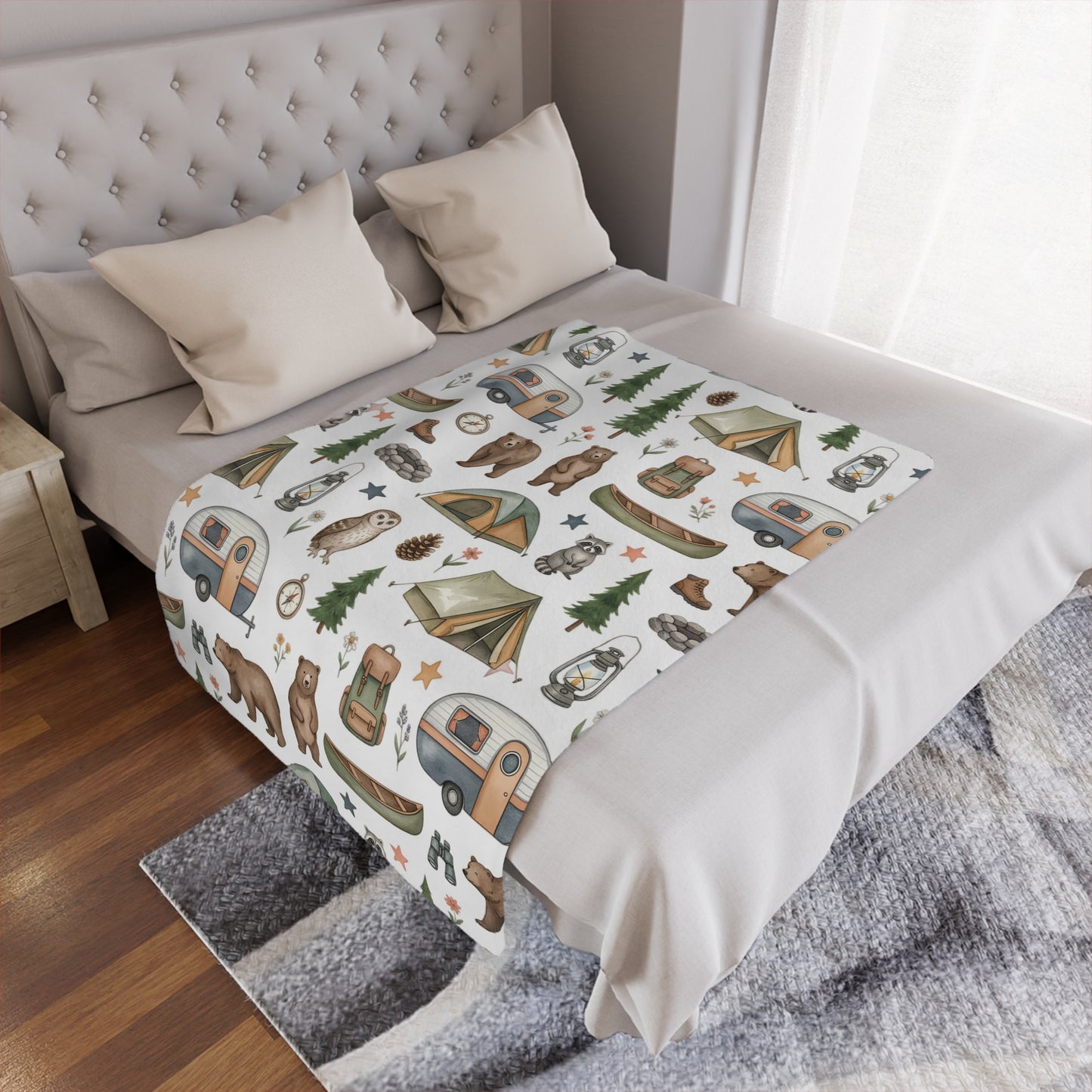 Camping Pattern Minky Blanket — Cozy Outdoor Adventure Throw with Tents, Campfire & Wildlife