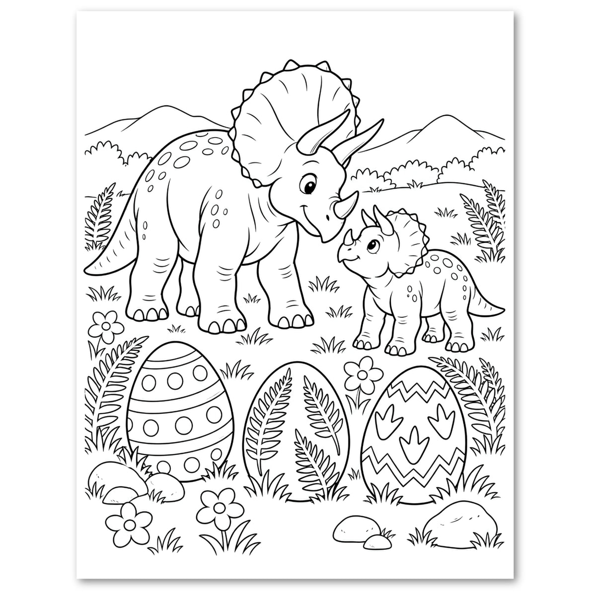 Black and white coloring page featuring a cute Triceratops dino family scene with a large Triceratops, a baby Triceratops, three patterned dinosaur eggs, ferns, flowers, and mountains.