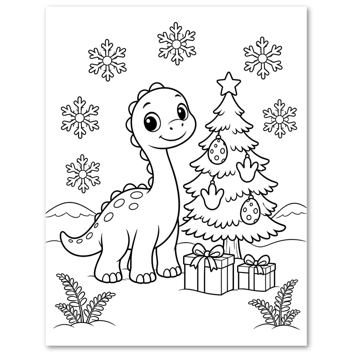 Black and white line art illustration of a cute baby dinosaur standing next to a decorated Christmas tree with ornaments and gift boxes, with snowflakes in the background.