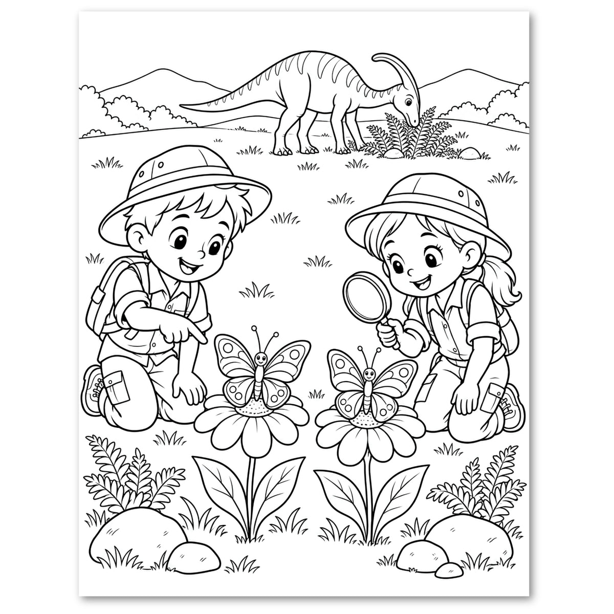 Black and white coloring page featuring cartoon children in safari hats exploring flowers with butterflies, with a dinosaur standing in a prehistoric landscape in the background.