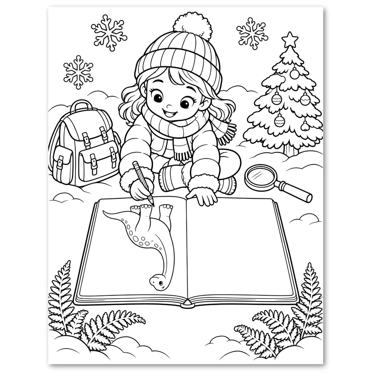 Black and white coloring page illustration of a young girl in a winter hat and scarf drawing a dinosaur in an open book, with a backpack, magnifying glass, snowflakes, Christmas tree, and ferns around her.