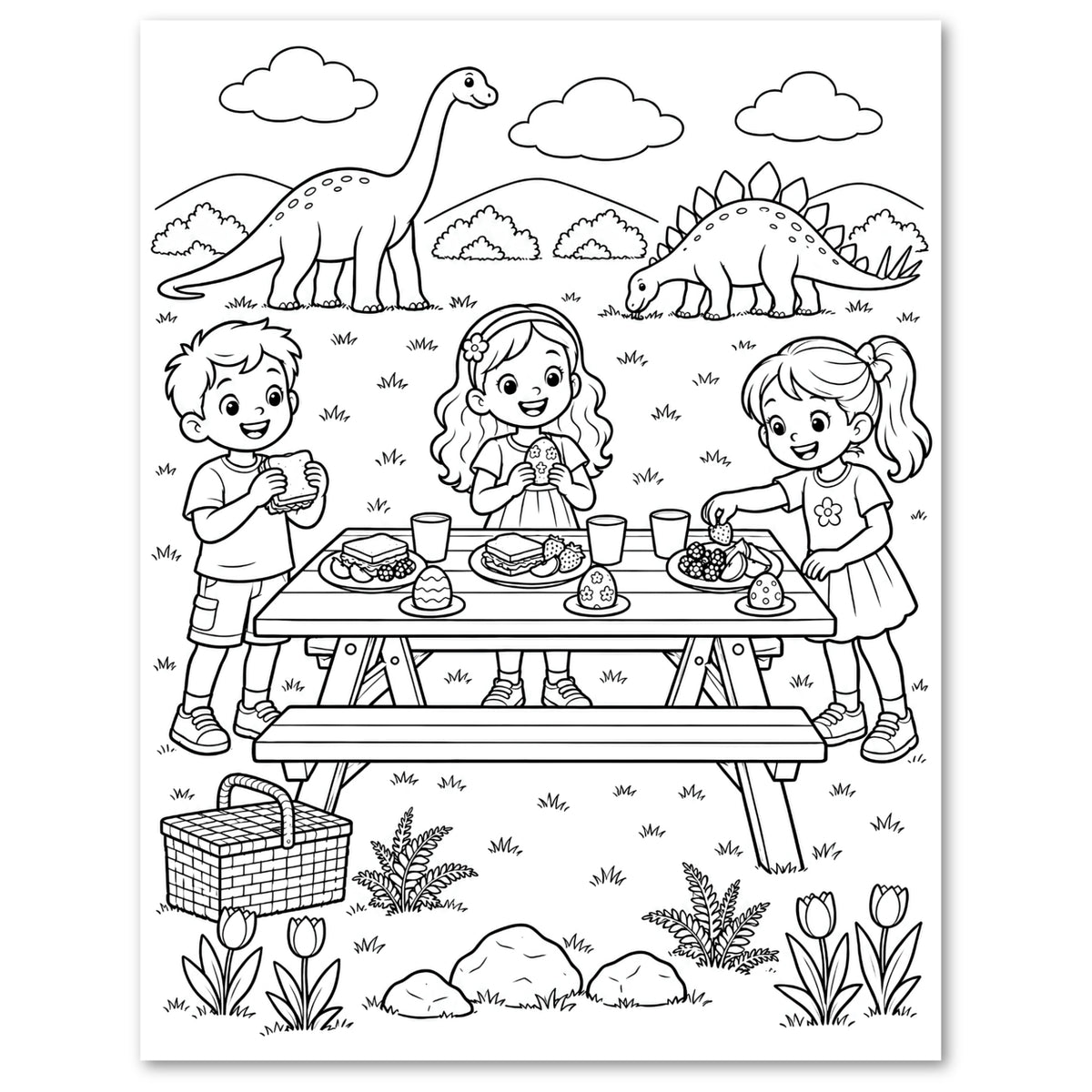 Black and white line art coloring page featuring a family picnic scene with three children at a picnic table, dinosaurs in the background, clouds, grass, flowers, and a basket.