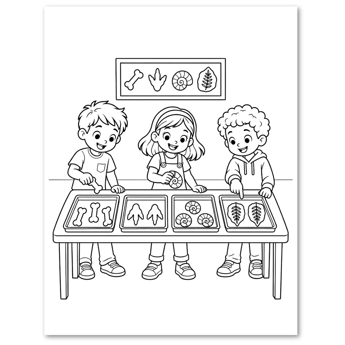 Black and white line art illustration of three children standing behind a table with trays of animal and plant specimens, with a framed bone, footprint, shell, and leaf hanging on the wall above.