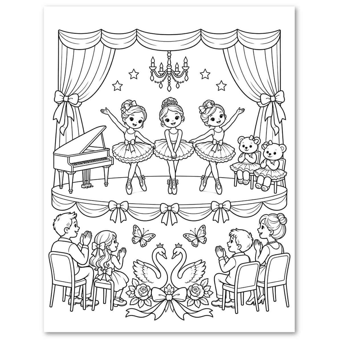 Black and white line art illustration of a children's stage scene, likely a coloring page or print. It shows three ballerinas on a decorated stage with a piano, teddy bears, swans, butterflies, and audience members clapping below.