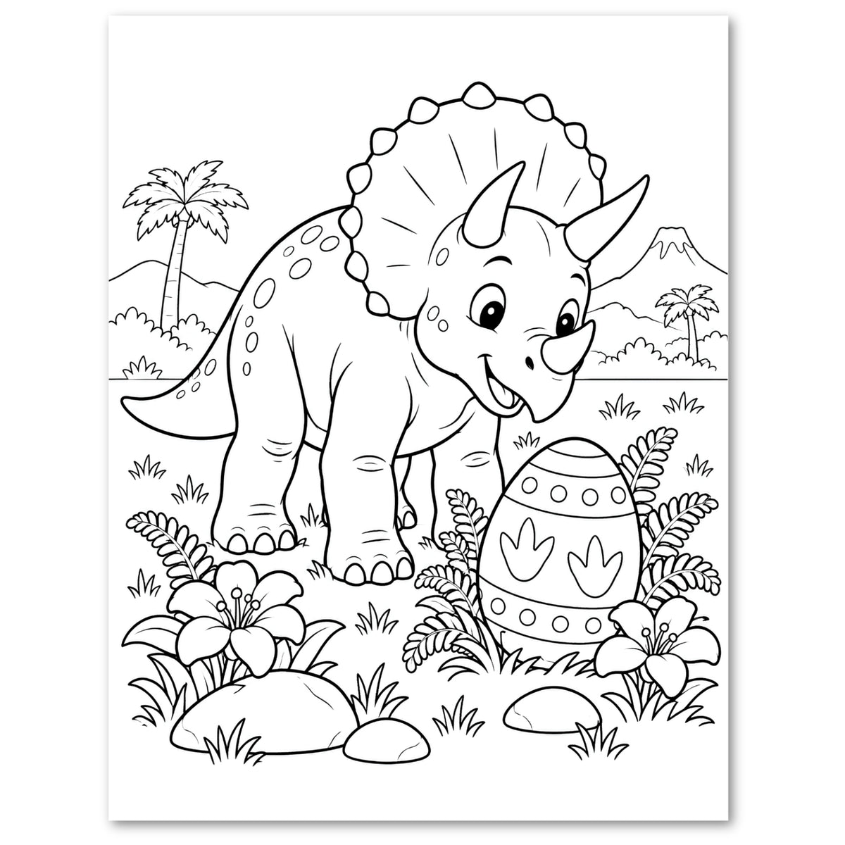 Black and white coloring page featuring a cute cartoon Triceratops dinosaur standing next to a decorated dinosaur egg, with palm trees, mountains, and flowers in the background.