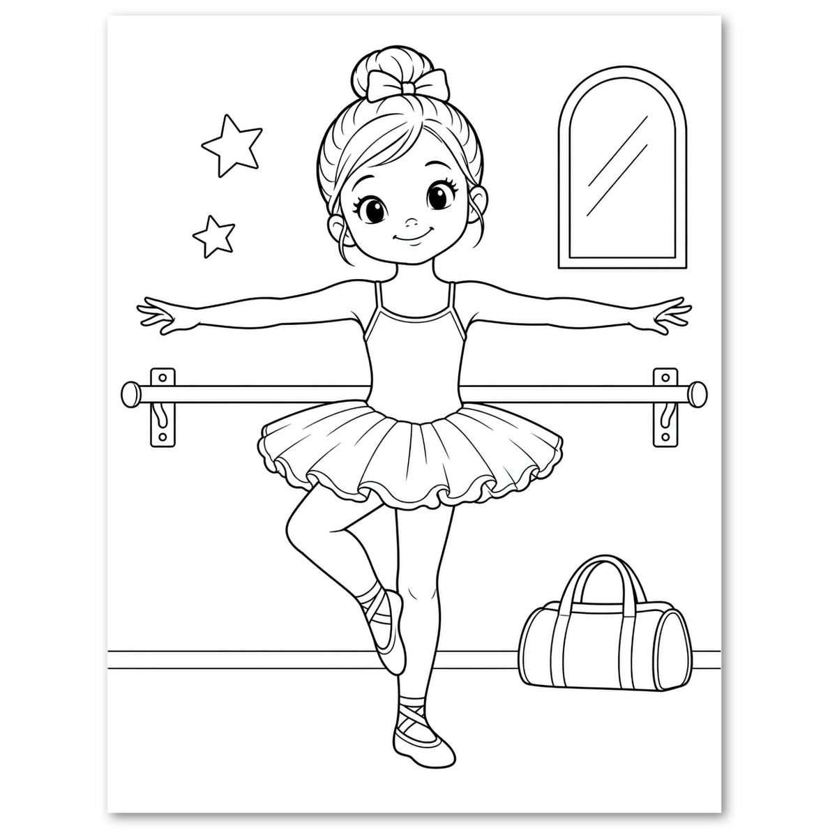Black and white cartoon illustration of a young ballerina with arms outstretched, wearing a tutu and pointe shoes beside a ballet barre, with stars, an arched mirror, and a duffel bag on a white background.