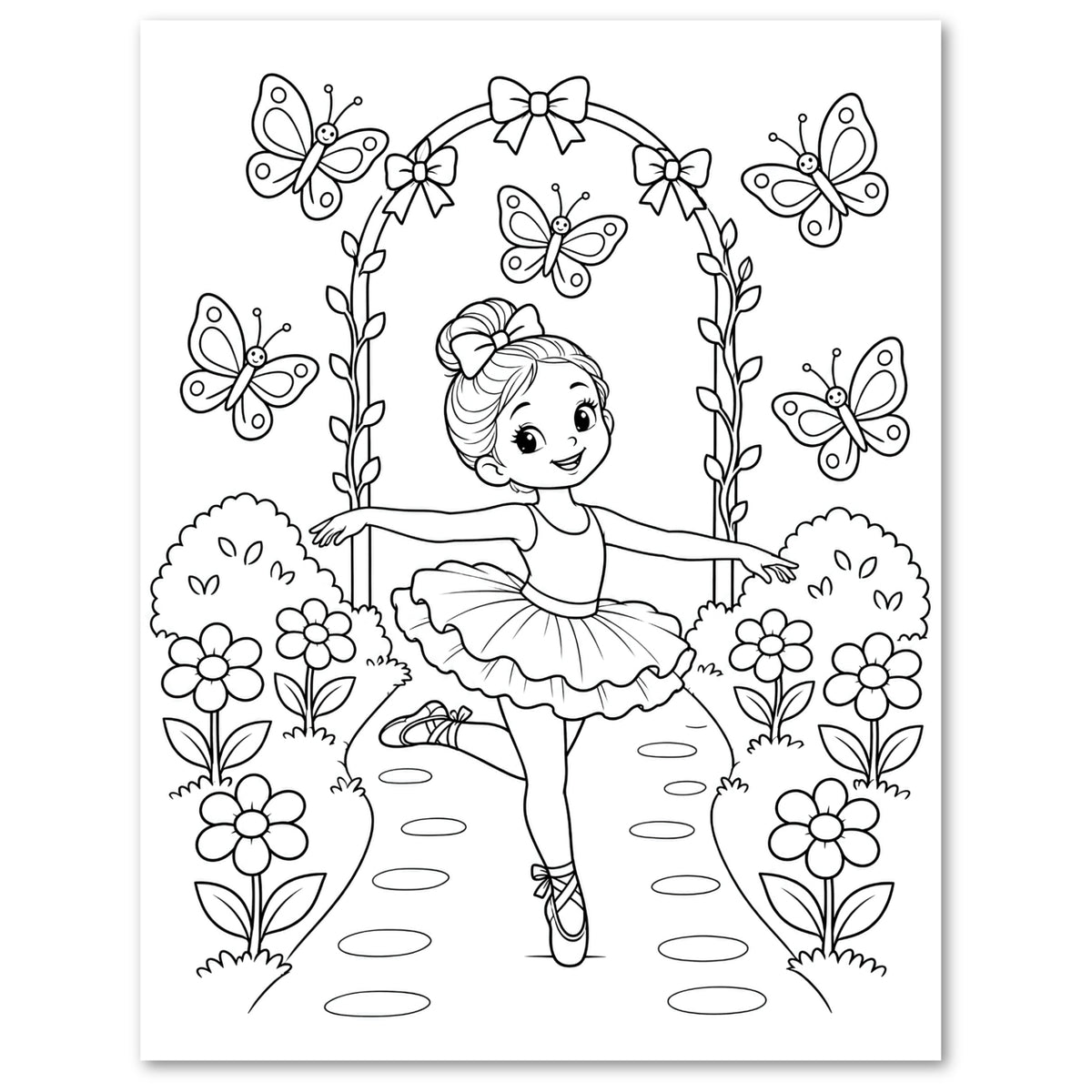 Black and white line art illustration of a young ballerina dancing under a floral arch with butterflies, flowers, and a path.