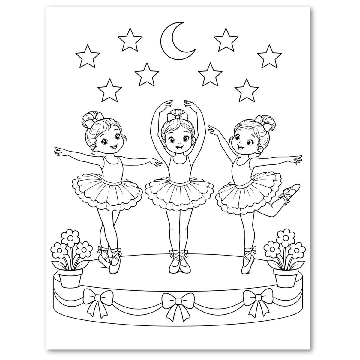 Black and white line art illustration of three young ballerinas dancing on a stage, with stars, a crescent moon, and potted flowers above them, shown on a white background.