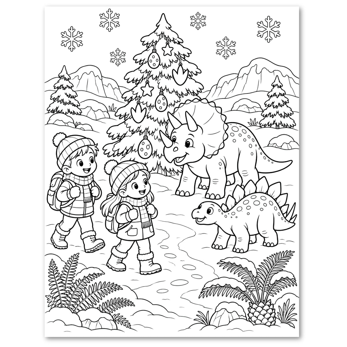 Black and white line art coloring page featuring a winter forest scene with two children in winter clothing, a triceratops dinosaur, a Stegosaurus, pine trees, mountains, and snowflakes.