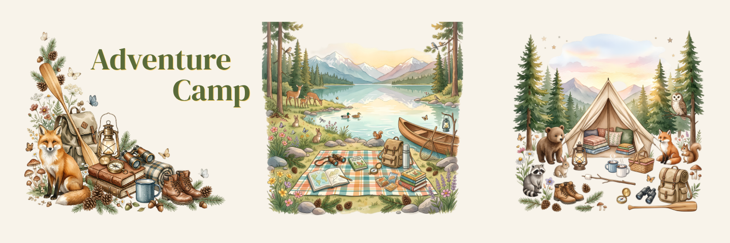 A triptych of three whimsical, hand-drawn style illustrations themed around 'Adventure Camp' on a cream background. The left panel shows campfire gear like a lantern, compass, and bucket with a fox nearby.