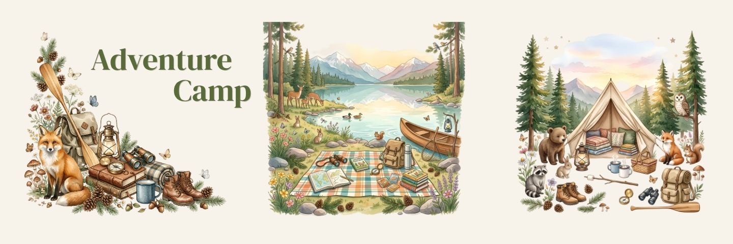 A vintage-style illustrated banner or print featuring three woodland camping scenes with the words 'Adventure Camp' on a cream background. The left panel shows gear and animals, the center shows a lakeside campsite with a canoe and picnic, and the right shows a tent, bear, and camp accessories.