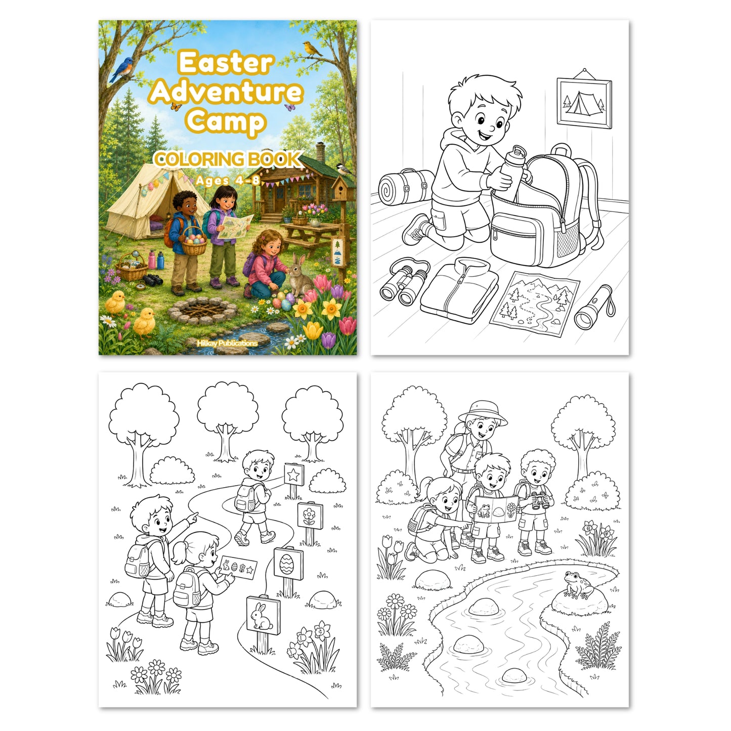 Easter Adventure Camp Coloring Book for ages 4-8, shown in a 2x2 grid. The top-left quadrant shows the fully colored front cover with a colorful campsite scene.