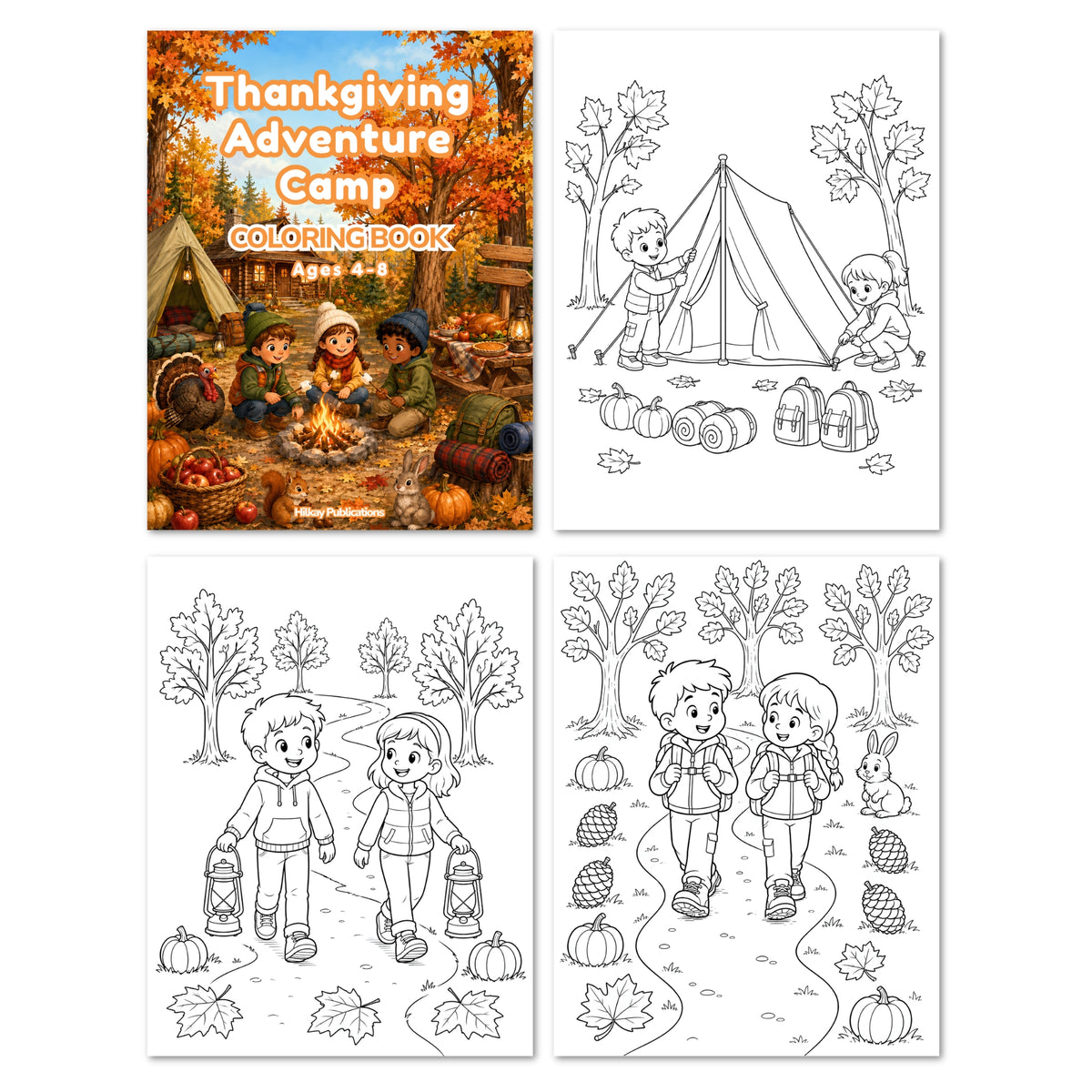 Thanksgiving Adventure Camp Coloring Book shown with its illustrated cover and three black-and-white printable activity pages featuring children at a campsite and walking through autumn trees.