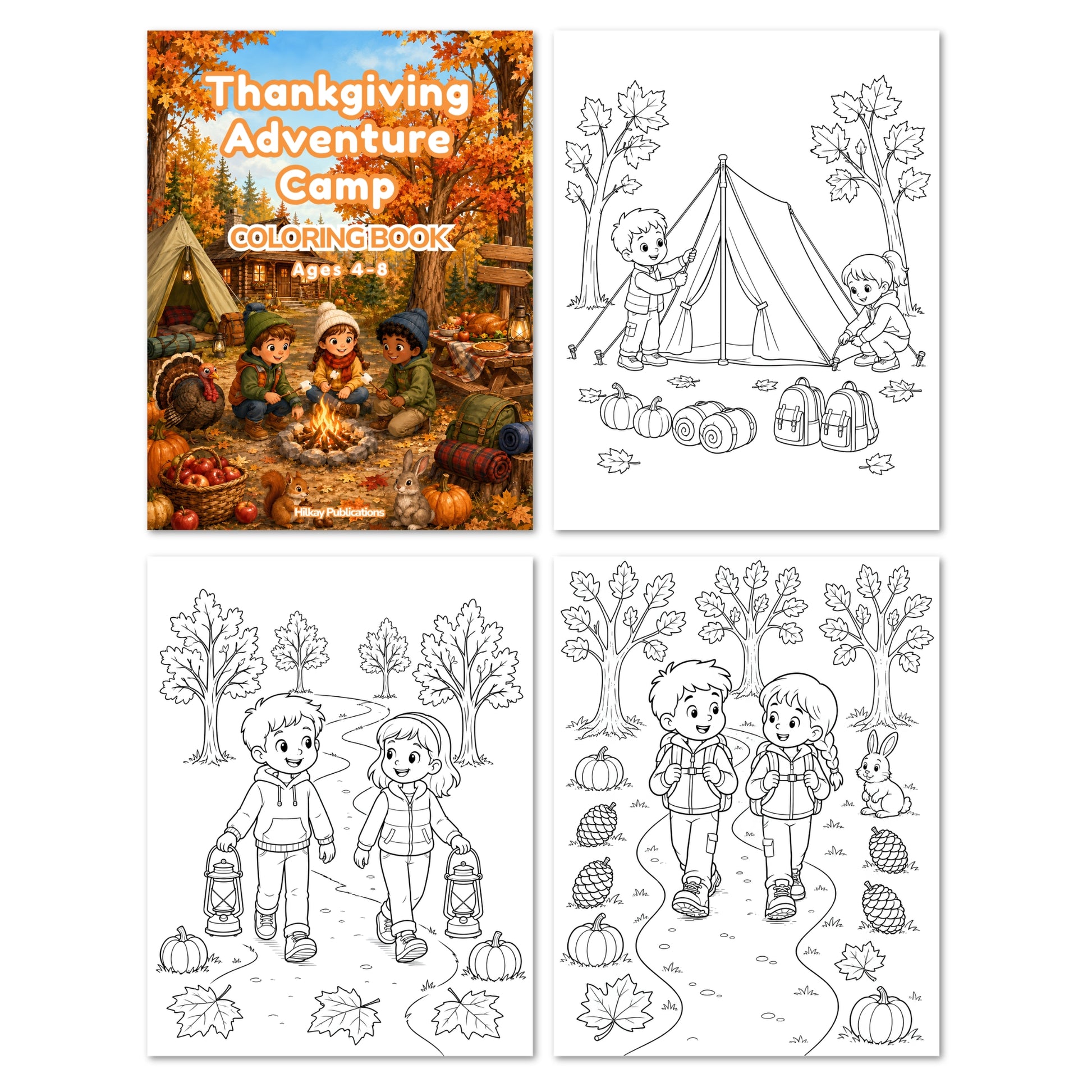 Thanksgiving Adventure Camp Coloring Book shown with its illustrated cover and three black-and-white printable activity pages featuring children at a campsite and walking through autumn trees.