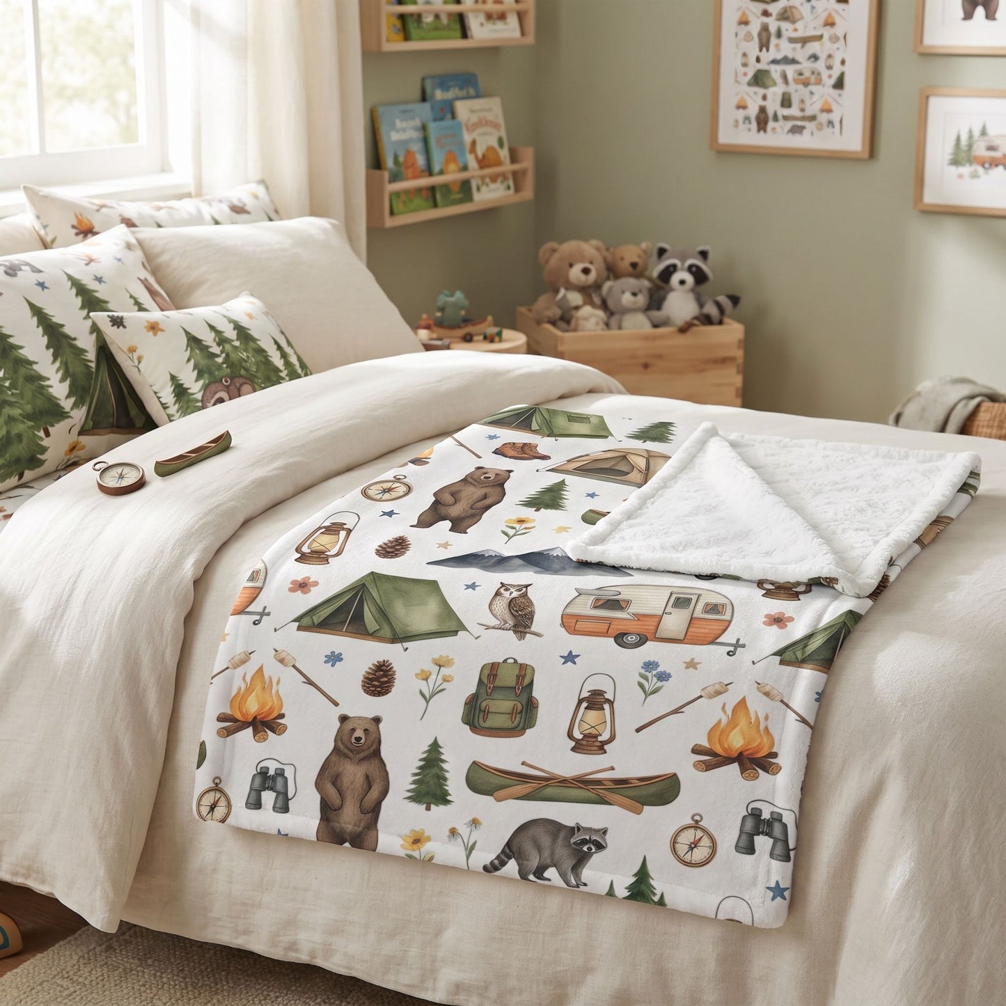 Camping Pattern Minky Blanket — Cozy Outdoor Adventure Throw with Tents, Campfire & Wildlife