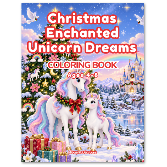 Front cover of a children's coloring book titled "Christmas Enchanted Unicorn Dreams" by Hilkay Publications. The cover features a festive winter scene with two white unicorns, a decorated Christmas tree, snow, gifts, a rainbow, and a castle under a starry blue sky.