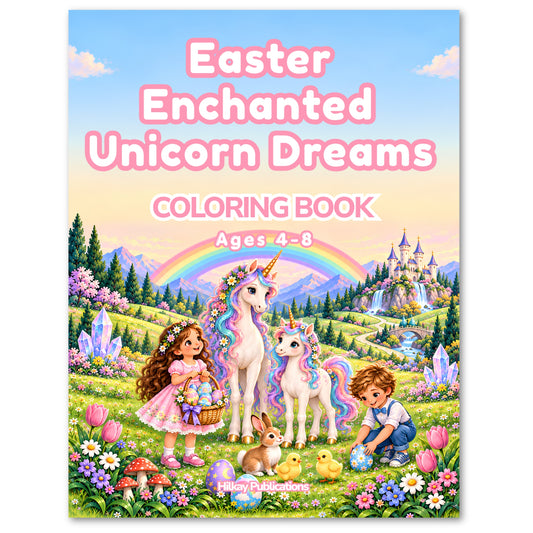 Front cover of a children's coloring book titled 'Easter Enchanted Unicorn Dreams' with pastel text and a colorful illustrated scene showing two unicorns, a girl, a boy, a rabbit, chicks, flowers, and a castle.