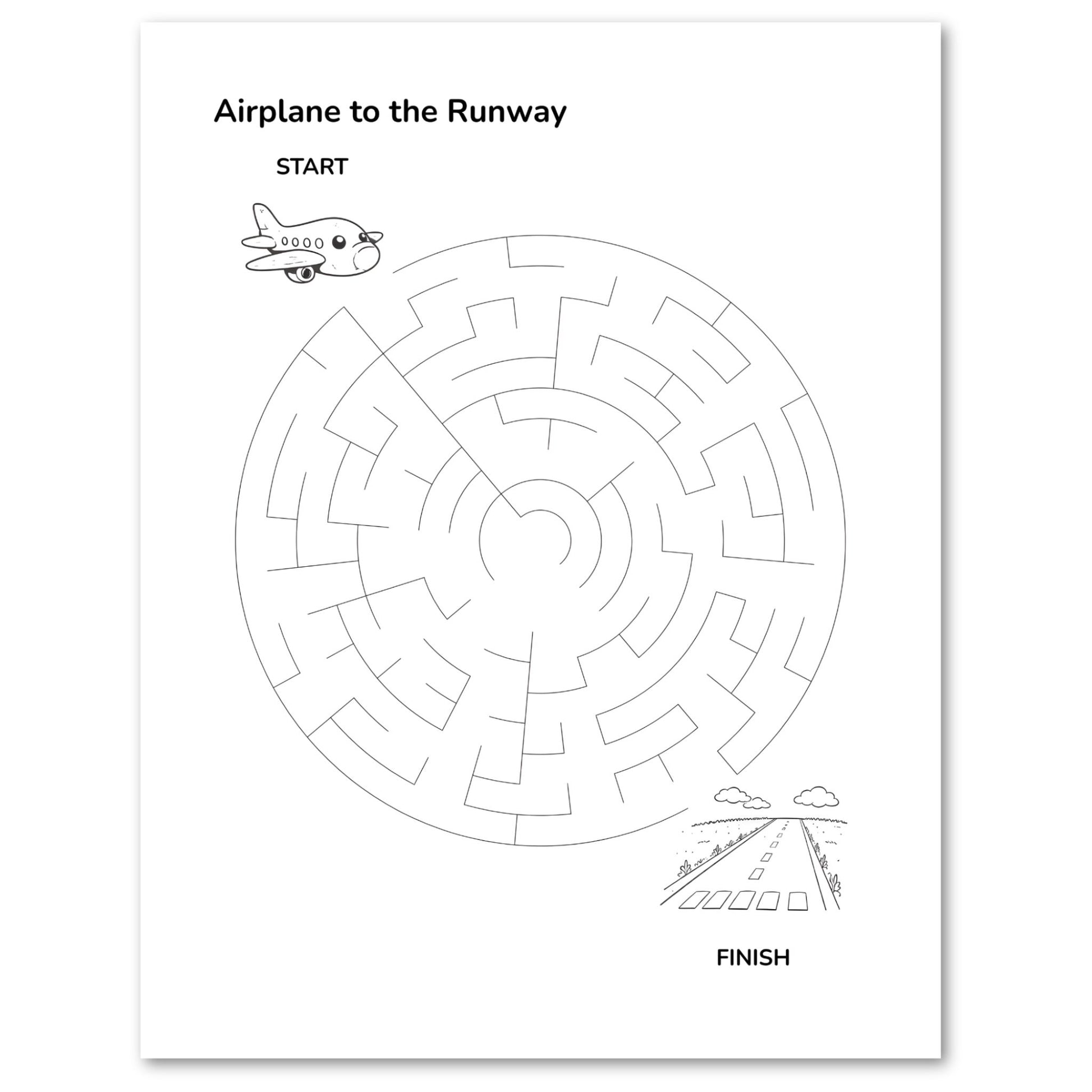 Maze game for children with an airplane theme on a white background