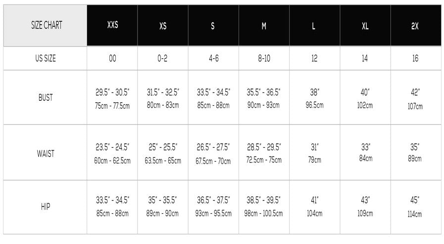 Size chart for clothing measurements with labeled columns and rows.