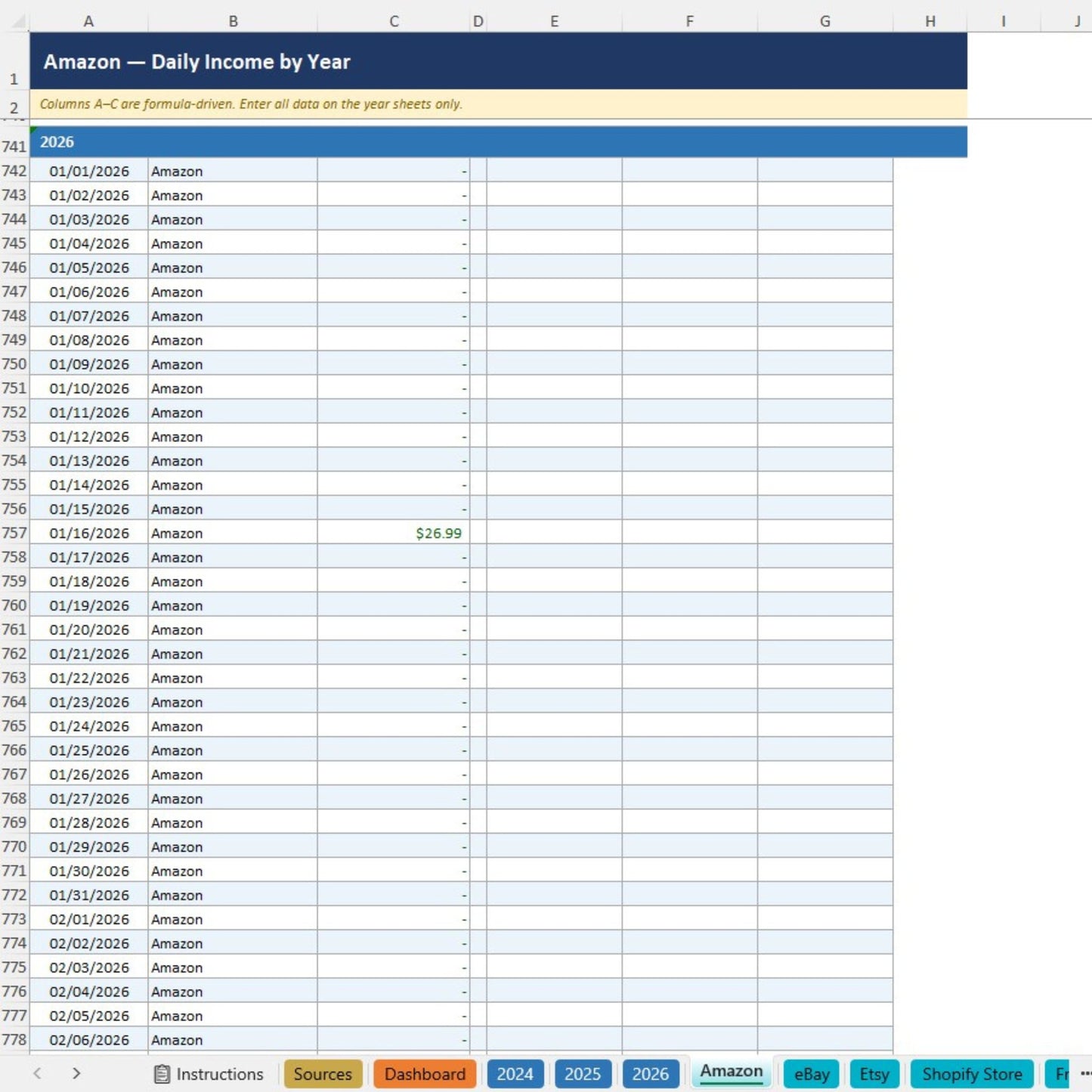 Spreadsheet titled 'Amazon - Daily Income by Year' with data entries.