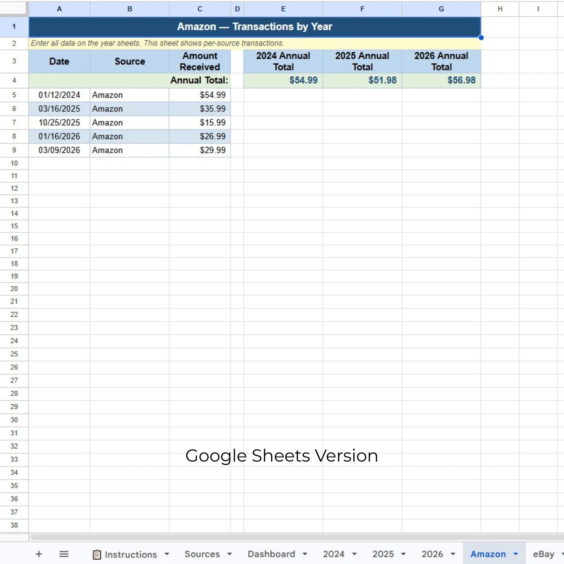 Google Sheets document titled 'Amazon - Transactions by Year' with financial data.