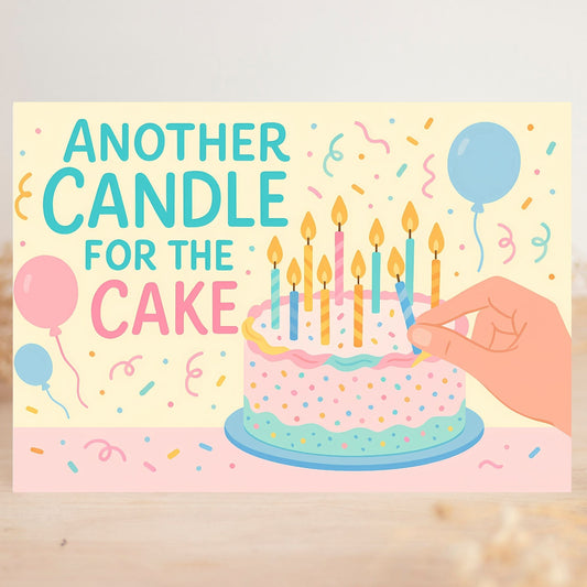 Illustration of a birthday cake with candles and balloons, text 'Another Candle for the Cake' on a light yellow background.