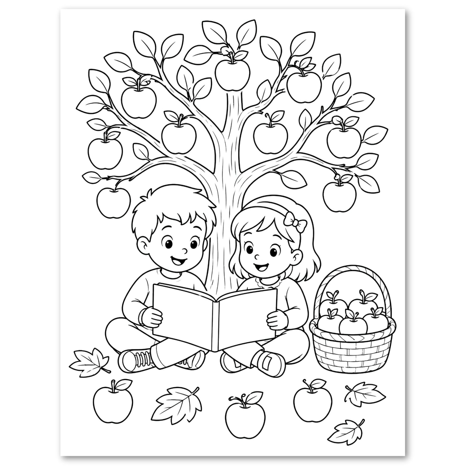 Black and white line art illustration of a boy and a girl sitting under an apple tree and reading a book, with a basket of apples and scattered apples and leaves on the ground.