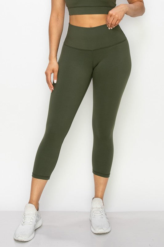 Army Green Buttery Soft Capri Activewear Leggings Front view