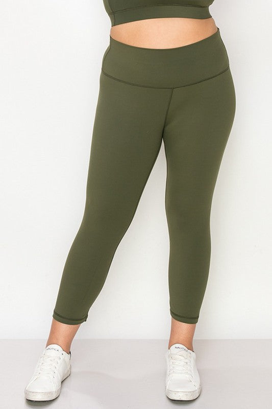 Army Green Buttery Soft Capri Activewear  Leggings Plus Front view on Model