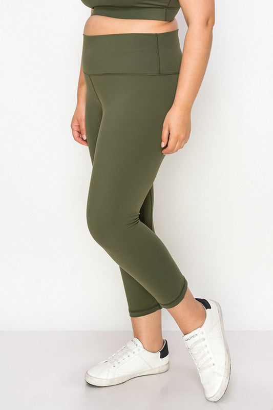 Army Green Buttery Soft Capri Activewear  Leggings Plus Side view on Model