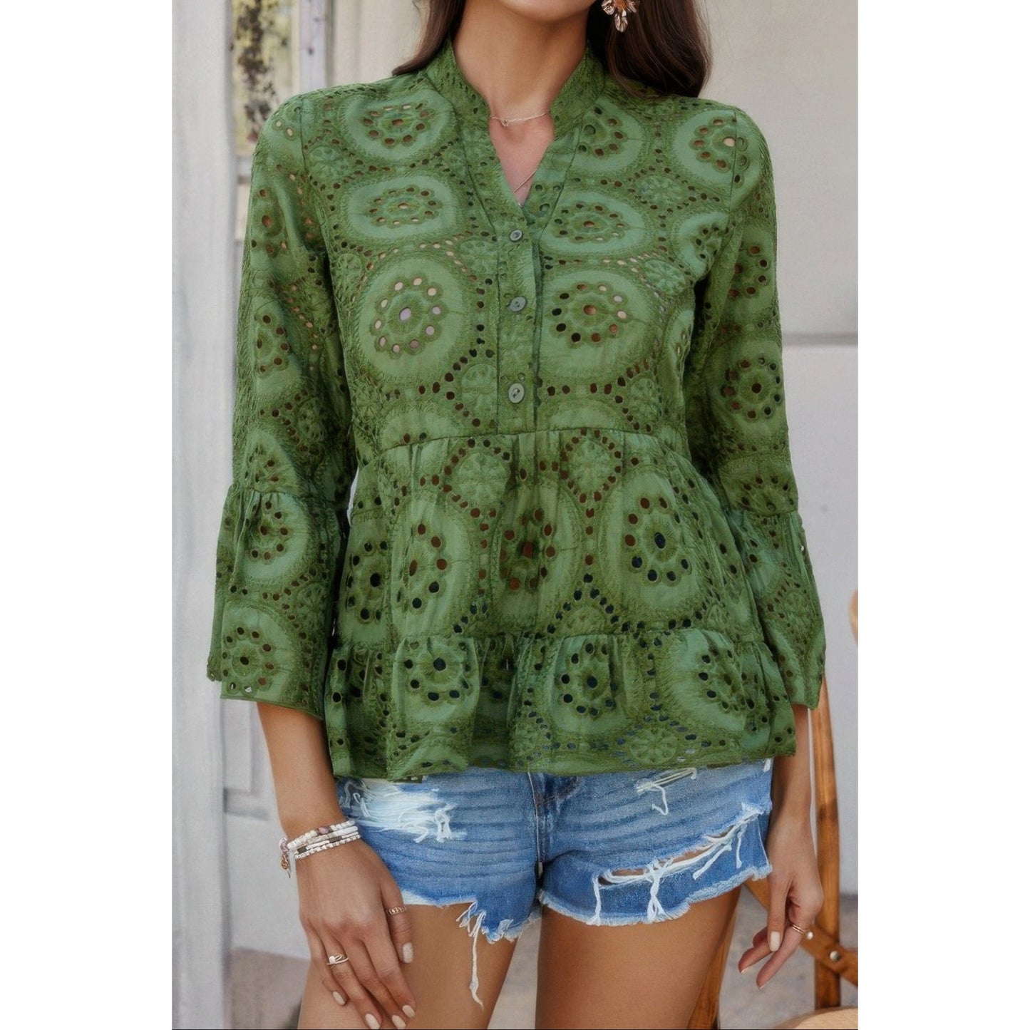 Solid Half Button Flounce Sleeve Peplum Blouse