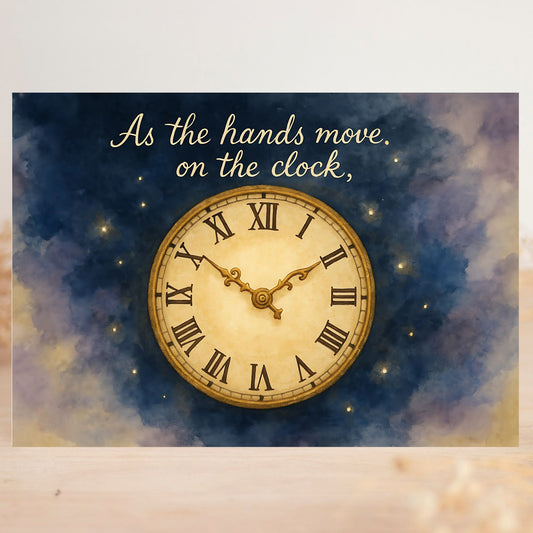 Decorative poster with a vintage clock design and text on a starry night sky background.