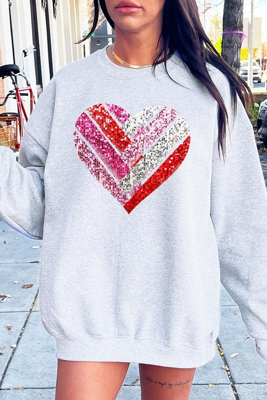 Ash Faux Sequins Striped Heart Graphic Sweatshirt