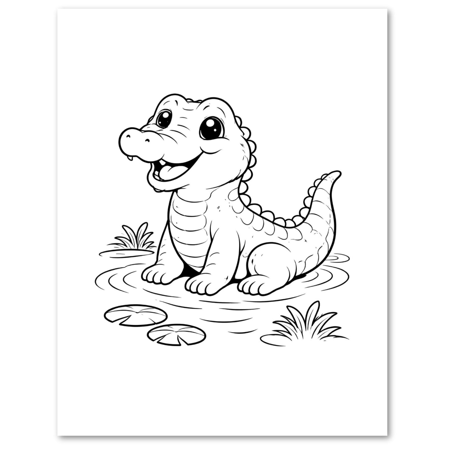 Black and white illustration of a cartoon alligator in water with lily pads on a white background